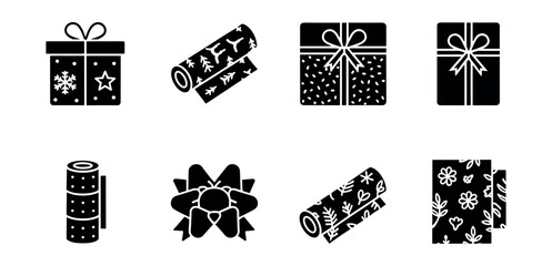 Gift wrapping and presents black and white icons set