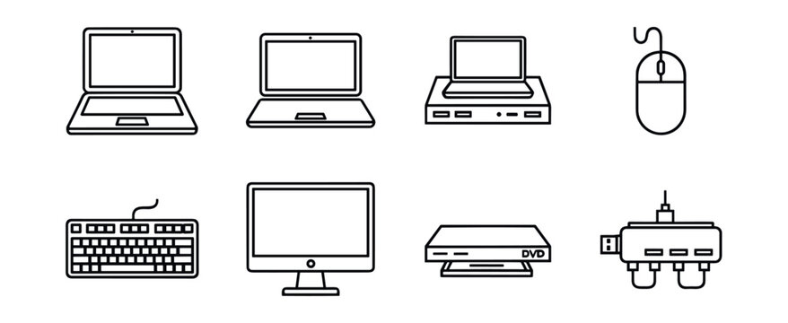 Computer hardware and peripherals line icons set