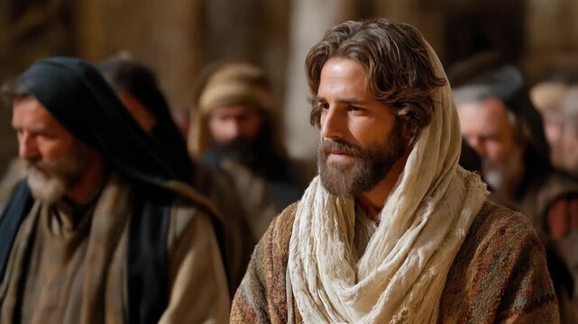 Jesus Christ standing at the temple with his apostles, sacred biblical scene portraying spiritual teaching, unity, and faith within ancient temple architecture.
