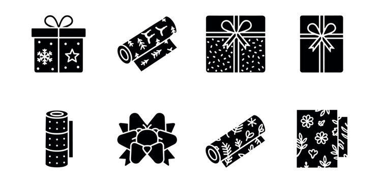 Gift wrapping and presents black and white icons set