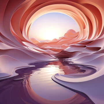 Abstract glossy liquid landscape with flowing pink and purple waves and floating sphere. Futuristic surreal background with smooth reflective surfaces and soft light.