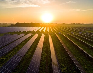 Aerial view of solar panels in a field at sunset (2)