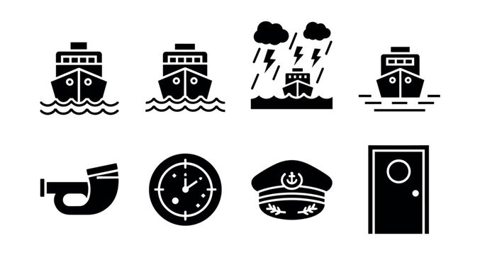 Nautical-themed black and white icon set