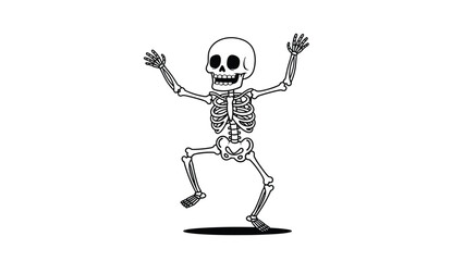 Whimsical line art illustration of a happy skeleton dancing with its arms and legs raised in a fun and festive manner on white.