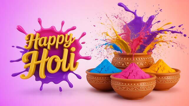 Happy Holi Festival With Colorful Powder Splash On Pink Background
