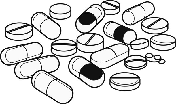 A scattered pile of white and black-banded capsules and round tablets
