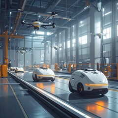 Futuristic vehicles and drones in a large industrial warehouse setting