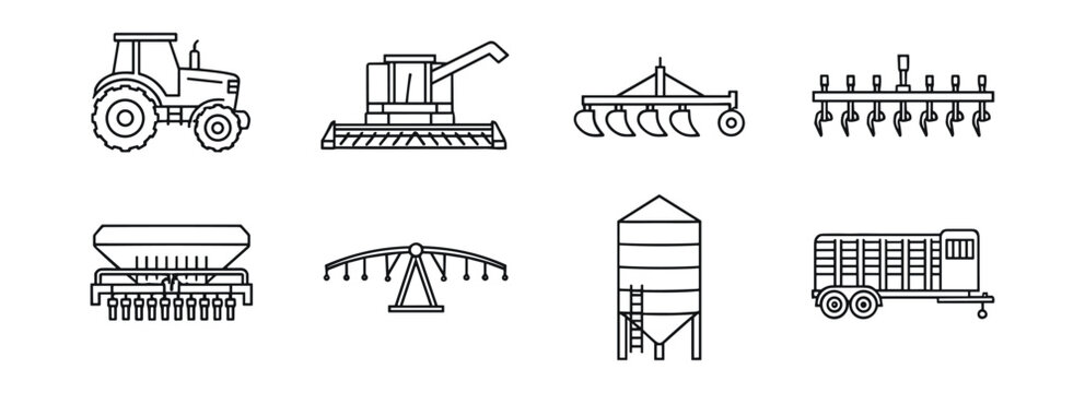 Farming equipment line icons set