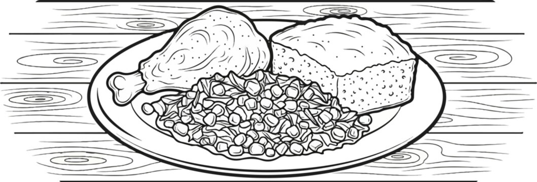 A plate of food including a chicken leg, cornbread, and succotash