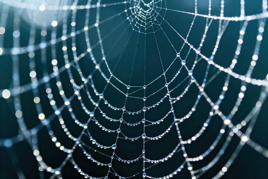 Intricate spider web covered in tiny, glistening dewdrops, sparkling like diamonds in the soft morning light against a blurred dark background, showcasing nature's delicate artistry., high resol siyam
