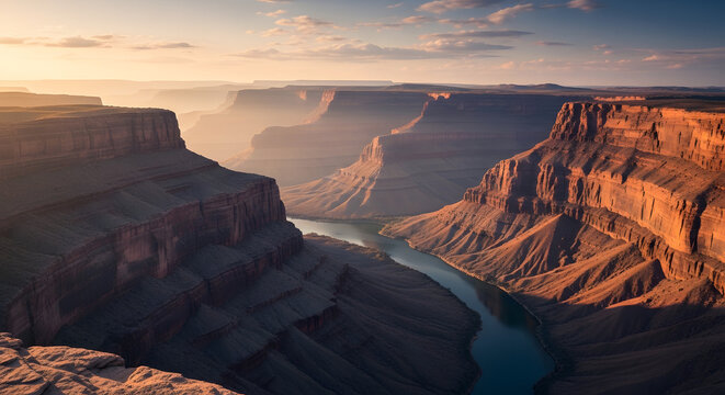 Majestic Grand Canyon Landscape with River at Sunrise, Cinematic Mist and Sun Rays 5K AI Generated Wallpaper