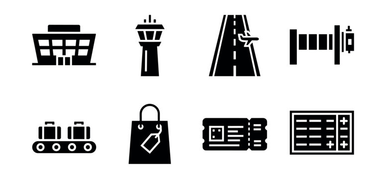 Airport black and white icons set