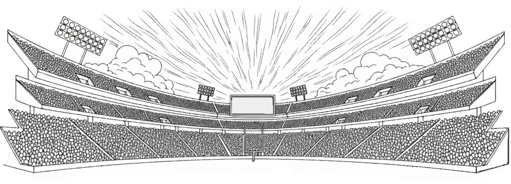 A stadium with bright lights and a large screen illuminates the crowd