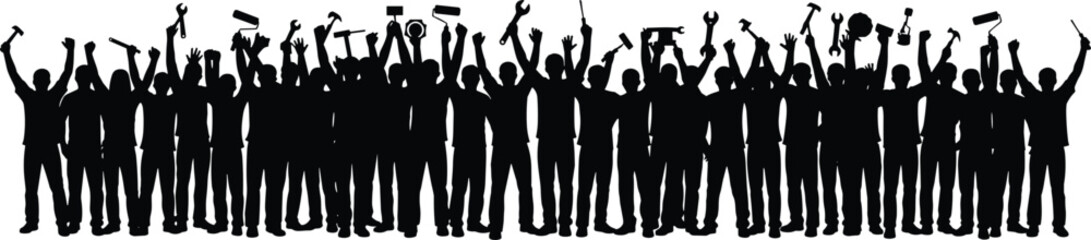 Worker silhouette, raised tools, labor unity, tradespeople group, industrial teamwork, protest scene, vector illustration, black and white, skilled labor force, solidarity image