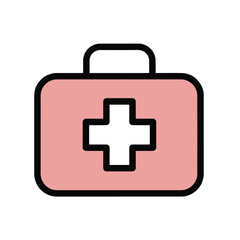 Obraz premium Simple first aid kit icon featuring a pink container with a bold white cross symbol centered prominently