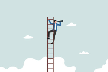 Obraz premium Success ladder for business opportunity, looking for new job or career path, leadership discovery or searching for success concept, smart businessman climb up ladder look through telescope visionary.