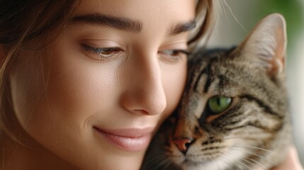 Young woman with long brown hair is gently holding a tabby cat close to her face, showcasing a warm connection in a softly lit indoor setting with greenery in the background