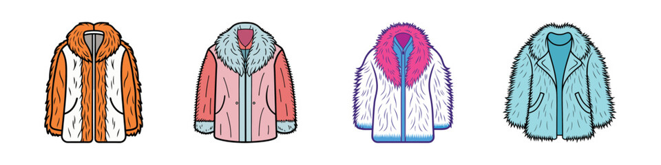 Obraz premium Set of colorful faux fur coats in flat design vector illustration