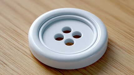 White plastic button with four holes is resting on a wooden surface, showcasing a smooth finish and circular design, ideal for sewing or crafting projects