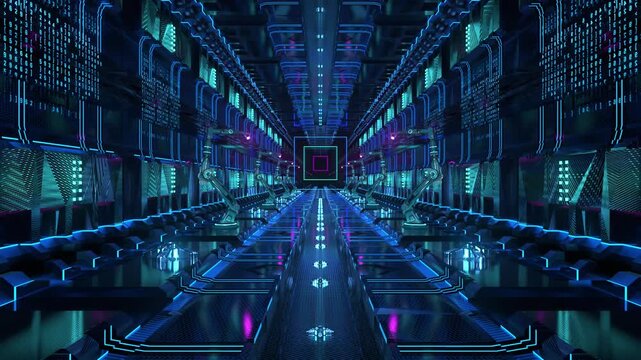An endless corridor of robotic arms moving in sync inside an industrial facility on a seamless VJ loop. Perfect for visualization of audio beats in music videos, stage performance walls