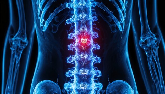 Spine with highlighted spinal cord and glowing blue nerves on black background