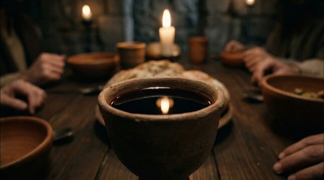 Pot of wine with hands at a table during Maundy Thursday gathering  