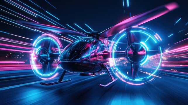 Futuristic helicopter, neon glow, high-speed flight