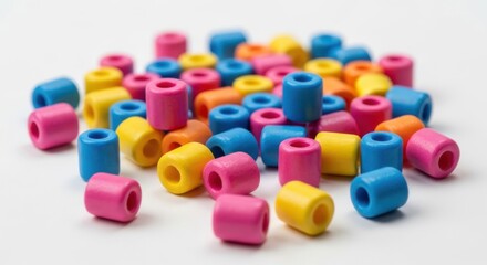 A collection of colorful beads scattered on a white surface.