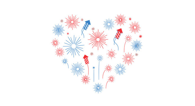 heart shape formed by red and blue fireworks on white background