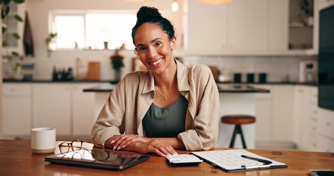 Happy woman, face and home with finance for budget planning, remote work or expenses. Portrait, female person or freelancer with smile, calculator or tablet for financial audit, bills or accounting