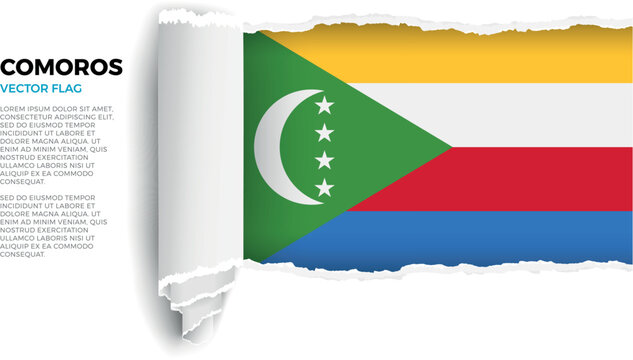 Flag of Comoros. Flag revealed through torn paper rolled up on a transparent background