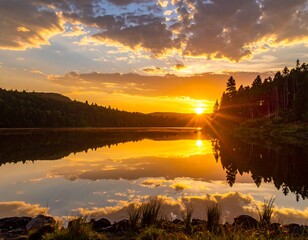 Serene lake at sunset with vibrant orange sky and calm water