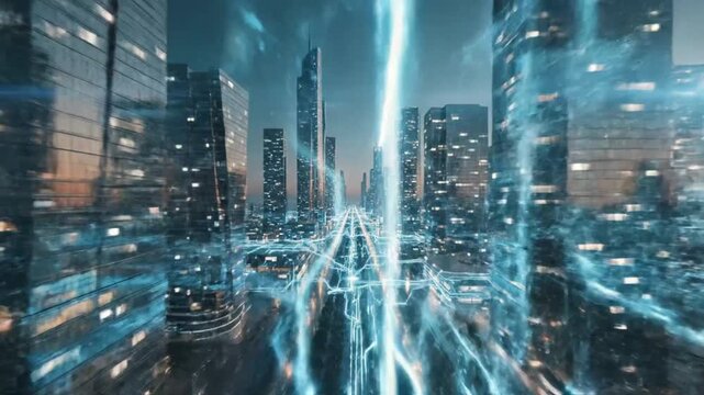 Futuristic cityscape with glowing electric energy lines and flying vehicles at dusk in a technological utopia