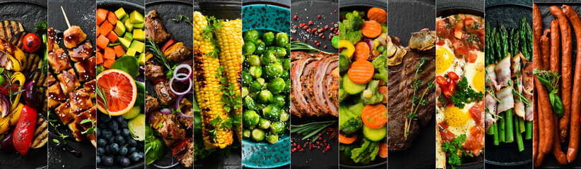 Obraz premium Background of food, drinks and dishes: pizza, breakfasts, lunches, soups and snacks. Photo collage, banner from photos.