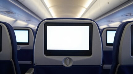 Airplane interior featuring blank seatback screens for advertising mockups and in flight entertainment concepts