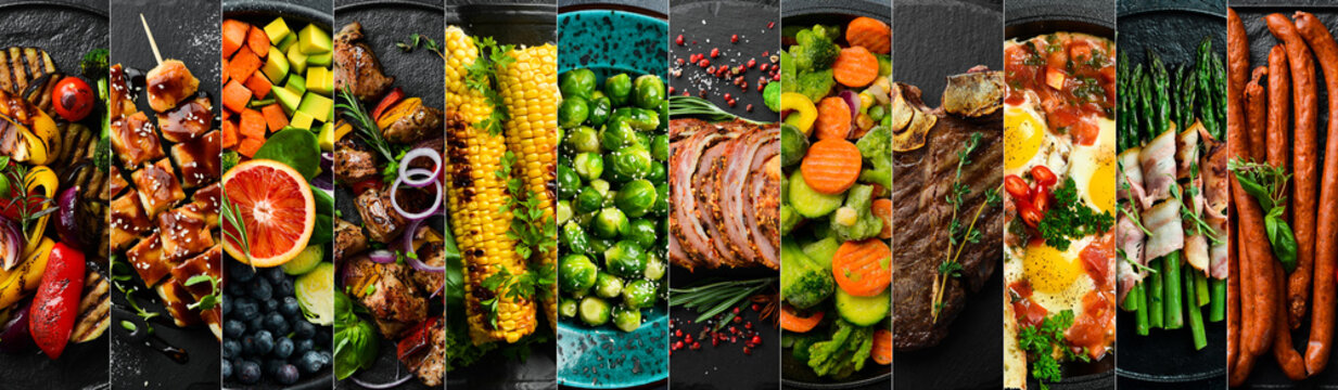 Background of food, drinks and dishes: pizza, breakfasts, lunches, soups and snacks. Photo collage, banner from photos.