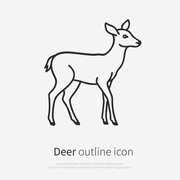 Black and white baby deer outline illustration in side view. Cute fawn line art vector isolated on white background, perfect for kids designs, nursery art, logos, stickers, posters, branding.