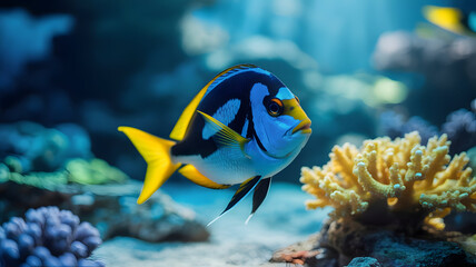 Vibrant blue and yellow tropical fish swimming near coral reef