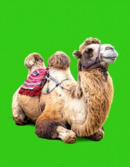Two camels sitting on green background