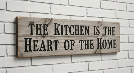 Fototapeta premium Rustic wooden sign on white brick wall saying 'The kitchen is the heart of the home'