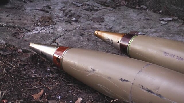 Close-up projectiles for multiple launch rocket system and mines. Arsenal of weapons for the army. Russo-Ukrainian war.