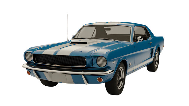 Vintage blue and white 1960s ford mustang sports car