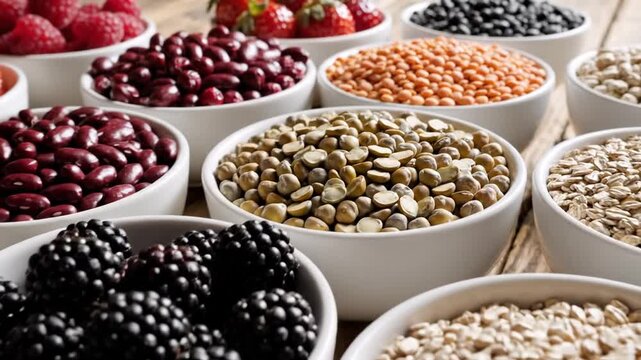 Healthy superfoods in white bowls on rustic wooden background
