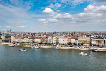 Fototapeta premium A part of Budapest and the Danube river, as seen from Gellert Hill, Hungary.