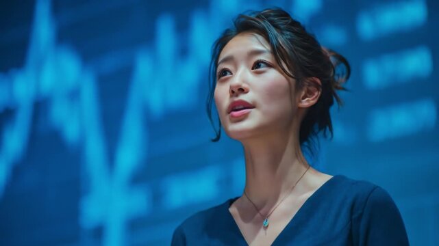 Young woman looks up confidently against abstract blue background