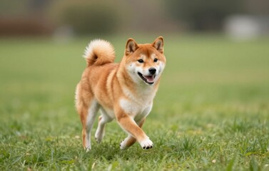 Energetic Shiba Inu Running Freely Across a Grassy Field, showcasing its playful and active nature