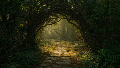 Obraz premium Enchanting forest path bathed in golden sunlight filtering through a natural archway of trees