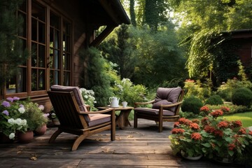 Fototapeta premium Relaxing outdoor patio with wooden furniture and lush green plants