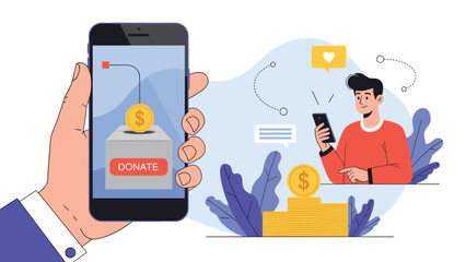 Fototapeta premium Hand holding a smartphone with a donation app displayed while another man uses his phone to contribute money to a cause.