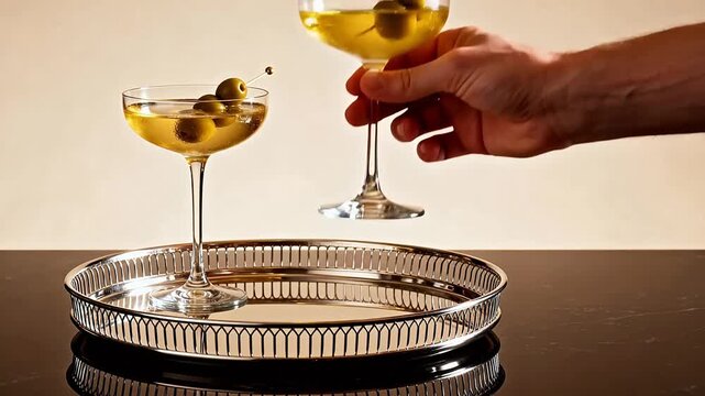 Two cocktail glasses with olives on tray